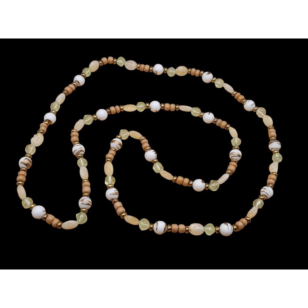 Vintage Long Lucite/Wood Heishi Beaded Multicolored Pastel Mute Toned Necklace